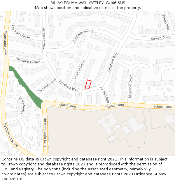 36, AYLESHAM WAY, YATELEY, GU46 6NS: Location map and indicative extent of plot