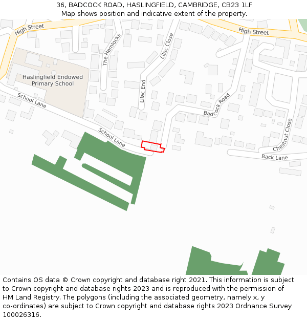 36, BADCOCK ROAD, HASLINGFIELD, CAMBRIDGE, CB23 1LF: Location map and indicative extent of plot