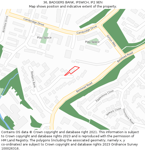 36, BADGERS BANK, IPSWICH, IP2 9EN: Location map and indicative extent of plot
