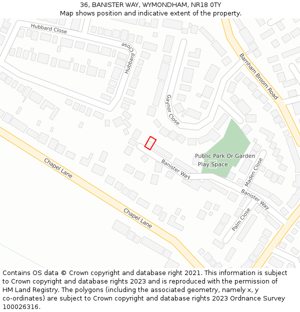 36, BANISTER WAY, WYMONDHAM, NR18 0TY: Location map and indicative extent of plot