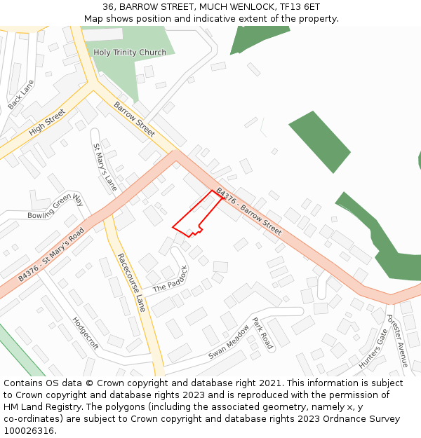 36, BARROW STREET, MUCH WENLOCK, TF13 6ET: Location map and indicative extent of plot