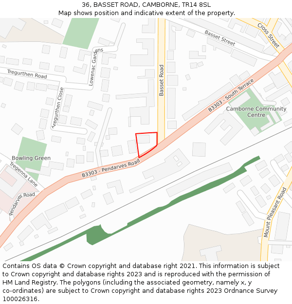 36, BASSET ROAD, CAMBORNE, TR14 8SL: Location map and indicative extent of plot