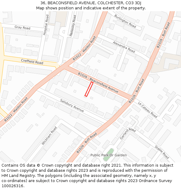 36, BEACONSFIELD AVENUE, COLCHESTER, CO3 3DJ: Location map and indicative extent of plot