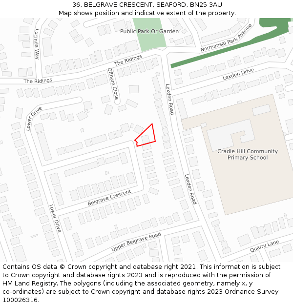 36, BELGRAVE CRESCENT, SEAFORD, BN25 3AU: Location map and indicative extent of plot