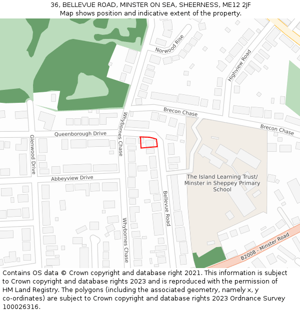 36, BELLEVUE ROAD, MINSTER ON SEA, SHEERNESS, ME12 2JF: Location map and indicative extent of plot
