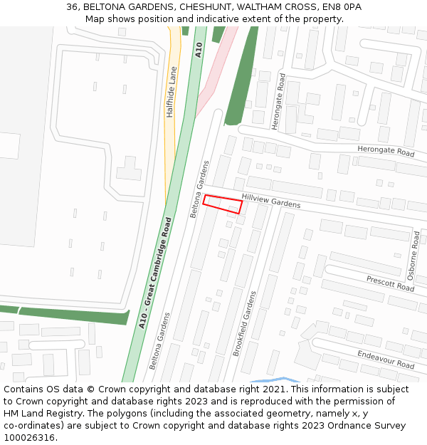 36, BELTONA GARDENS, CHESHUNT, WALTHAM CROSS, EN8 0PA: Location map and indicative extent of plot