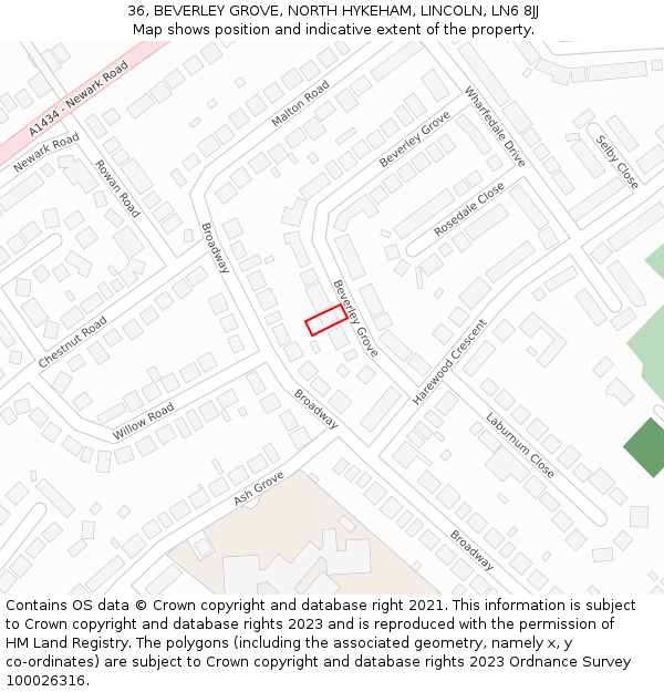 36, BEVERLEY GROVE, NORTH HYKEHAM, LINCOLN, LN6 8JJ: Location map and indicative extent of plot