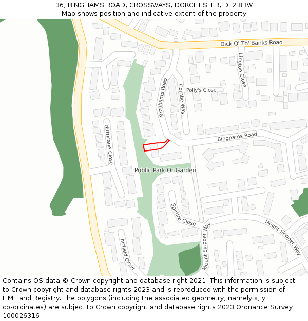 36, BINGHAMS ROAD, CROSSWAYS, DORCHESTER, DT2 8BW: Location map and indicative extent of plot