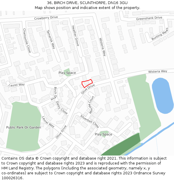 36, BIRCH DRIVE, SCUNTHORPE, DN16 3GU: Location map and indicative extent of plot
