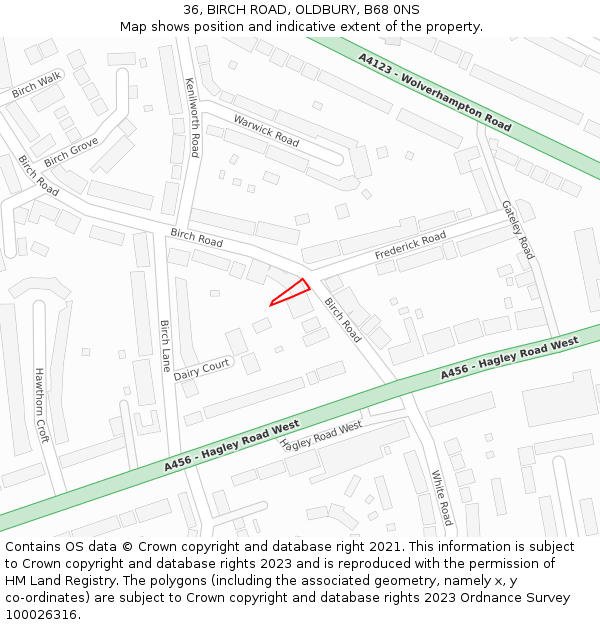 36, BIRCH ROAD, OLDBURY, B68 0NS: Location map and indicative extent of plot