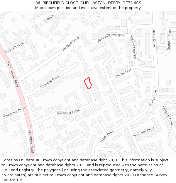 36, BIRCHFIELD CLOSE, CHELLASTON, DERBY, DE73 6SS: Location map and indicative extent of plot