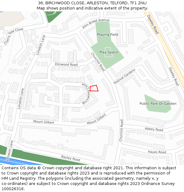 36, BIRCHWOOD CLOSE, ARLESTON, TELFORD, TF1 2NU: Location map and indicative extent of plot
