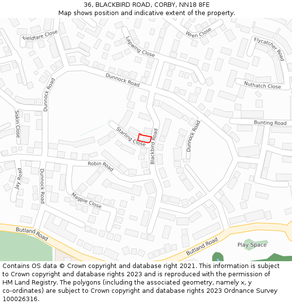 36, BLACKBIRD ROAD, CORBY, NN18 8FE: Location map and indicative extent of plot