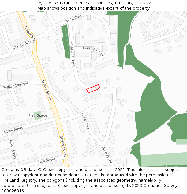 36, BLACKSTONE DRIVE, ST GEORGES, TELFORD, TF2 9UZ: Location map and indicative extent of plot