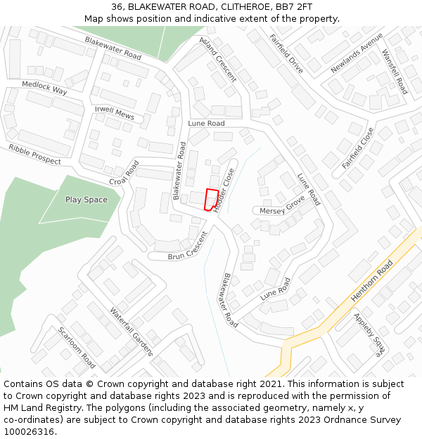 36, BLAKEWATER ROAD, CLITHEROE, BB7 2FT: Location map and indicative extent of plot