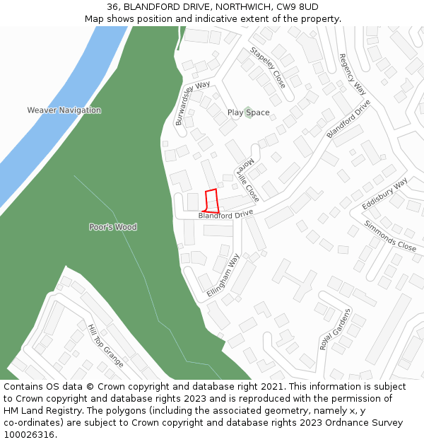 36, BLANDFORD DRIVE, NORTHWICH, CW9 8UD: Location map and indicative extent of plot