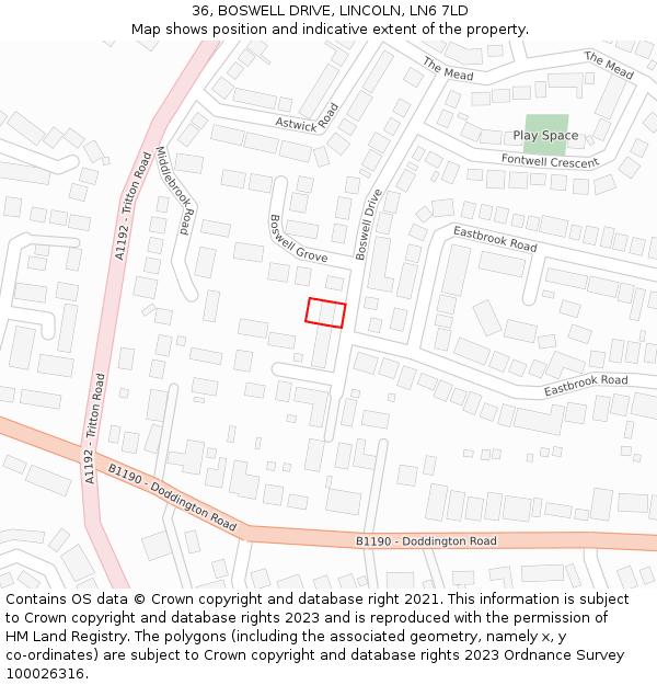 36, BOSWELL DRIVE, LINCOLN, LN6 7LD: Location map and indicative extent of plot
