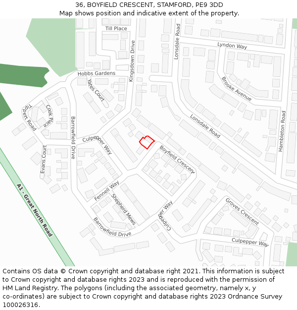 36, BOYFIELD CRESCENT, STAMFORD, PE9 3DD: Location map and indicative extent of plot
