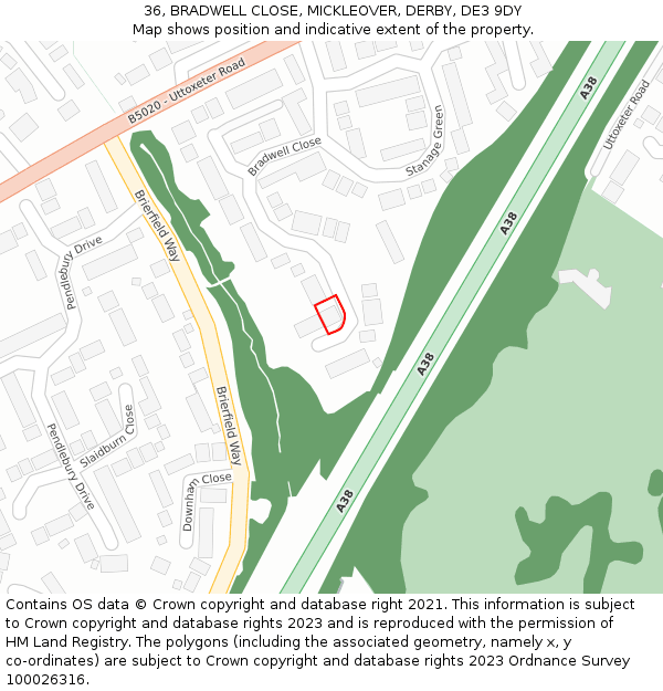 36, BRADWELL CLOSE, MICKLEOVER, DERBY, DE3 9DY: Location map and indicative extent of plot