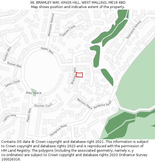 36, BRAMLEY WAY, KINGS HILL, WEST MALLING, ME19 4BD: Location map and indicative extent of plot