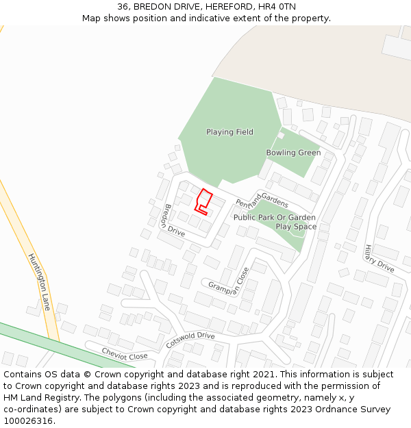 36, BREDON DRIVE, HEREFORD, HR4 0TN: Location map and indicative extent of plot