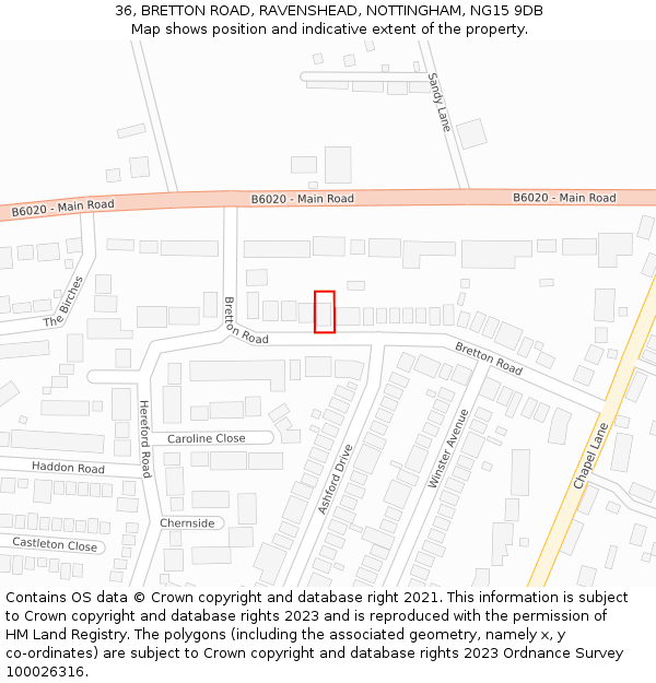 36, BRETTON ROAD, RAVENSHEAD, NOTTINGHAM, NG15 9DB: Location map and indicative extent of plot