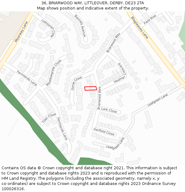 36, BRIARWOOD WAY, LITTLEOVER, DERBY, DE23 2TA: Location map and indicative extent of plot