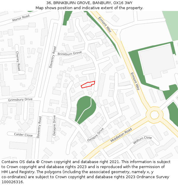 36, BRINKBURN GROVE, BANBURY, OX16 3WY: Location map and indicative extent of plot