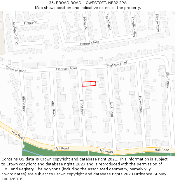 36, BROAD ROAD, LOWESTOFT, NR32 3PA: Location map and indicative extent of plot