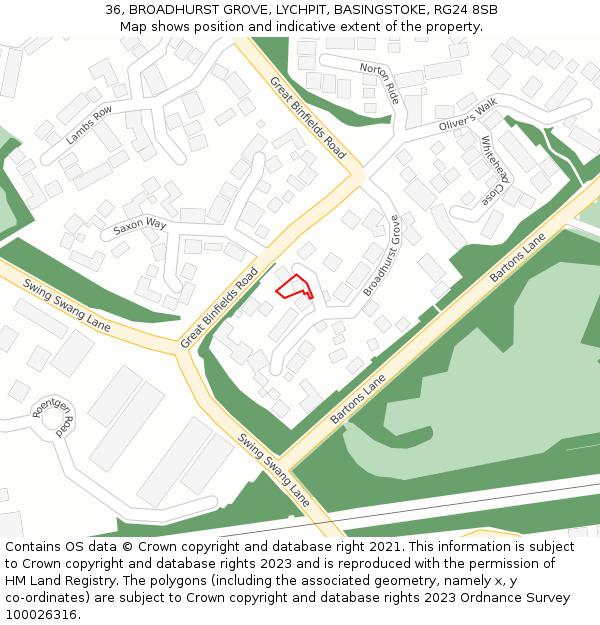 36, BROADHURST GROVE, LYCHPIT, BASINGSTOKE, RG24 8SB: Location map and indicative extent of plot