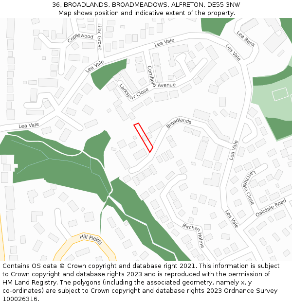 36, BROADLANDS, BROADMEADOWS, ALFRETON, DE55 3NW: Location map and indicative extent of plot
