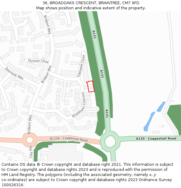 36, BROADOAKS CRESCENT, BRAINTREE, CM7 9FD: Location map and indicative extent of plot