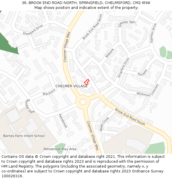 36, BROOK END ROAD NORTH, SPRINGFIELD, CHELMSFORD, CM2 6NW: Location map and indicative extent of plot