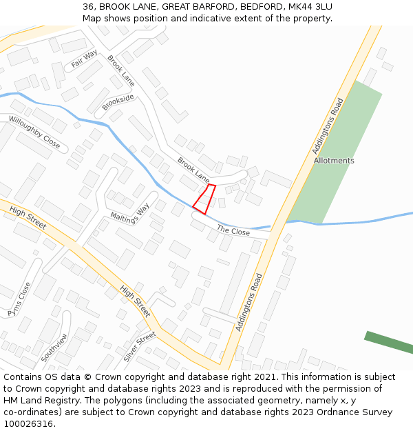 36, BROOK LANE, GREAT BARFORD, BEDFORD, MK44 3LU: Location map and indicative extent of plot
