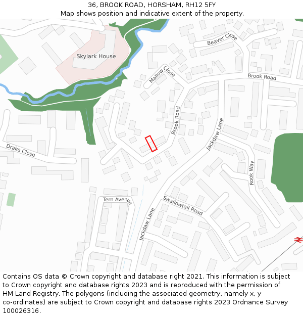 36, BROOK ROAD, HORSHAM, RH12 5FY: Location map and indicative extent of plot