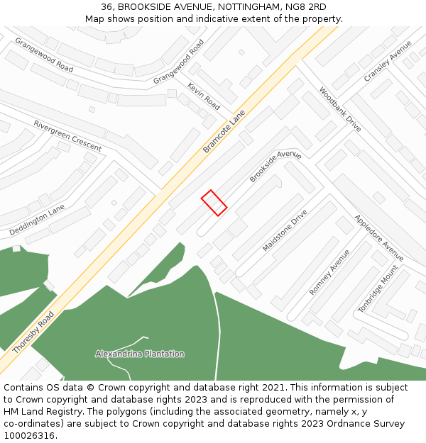 36, BROOKSIDE AVENUE, NOTTINGHAM, NG8 2RD: Location map and indicative extent of plot