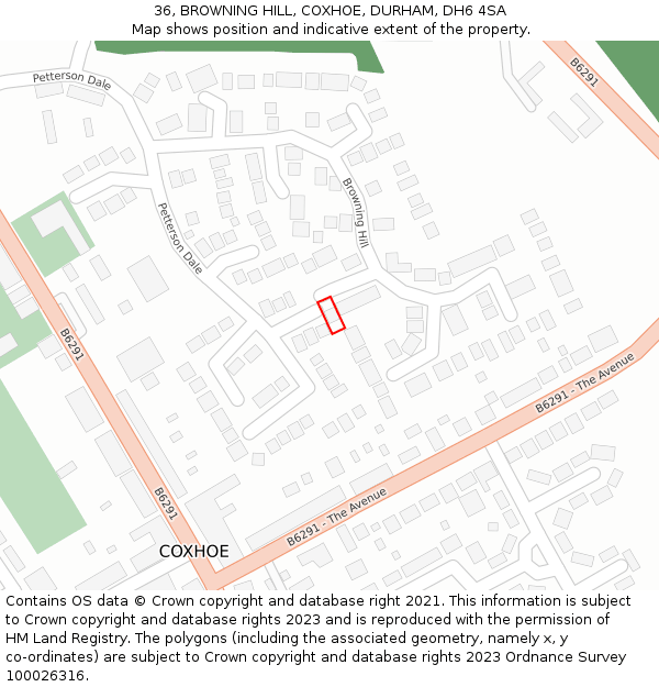 36, BROWNING HILL, COXHOE, DURHAM, DH6 4SA: Location map and indicative extent of plot