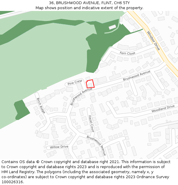 36, BRUSHWOOD AVENUE, FLINT, CH6 5TY: Location map and indicative extent of plot