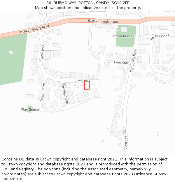 36, BURMO WAY, POTTON, SANDY, SG19 2FE: Location map and indicative extent of plot