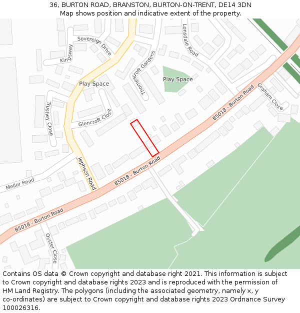 36, BURTON ROAD, BRANSTON, BURTON-ON-TRENT, DE14 3DN: Location map and indicative extent of plot