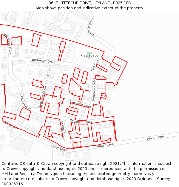 36, BUTTERCUP DRIVE, LEYLAND, PR25 1FD: Location map and indicative extent of plot