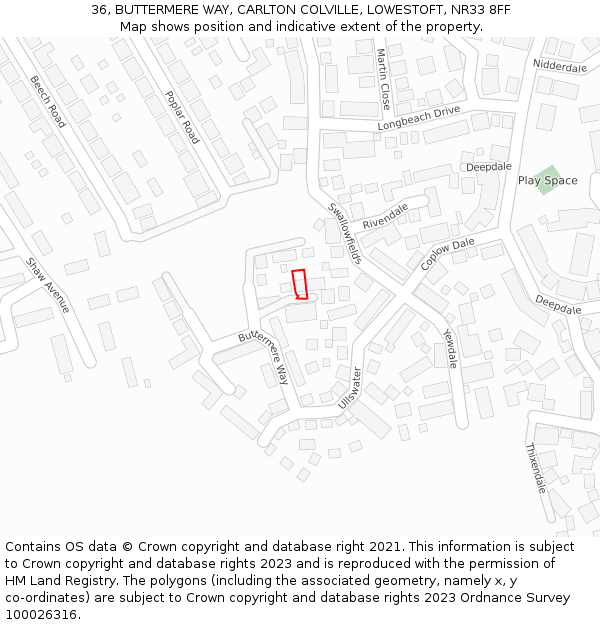 36, BUTTERMERE WAY, CARLTON COLVILLE, LOWESTOFT, NR33 8FF: Location map and indicative extent of plot