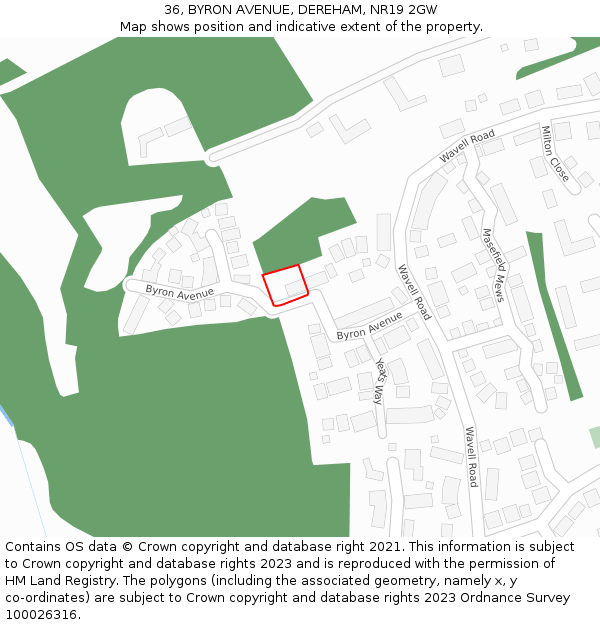 36, BYRON AVENUE, DEREHAM, NR19 2GW: Location map and indicative extent of plot