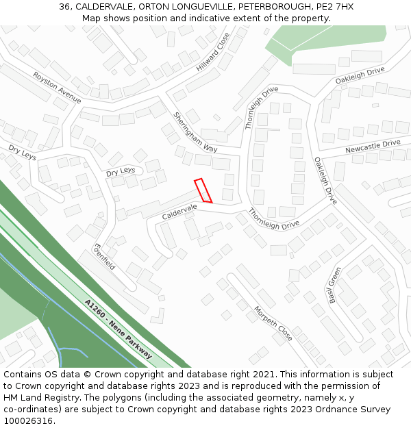 36, CALDERVALE, ORTON LONGUEVILLE, PETERBOROUGH, PE2 7HX: Location map and indicative extent of plot