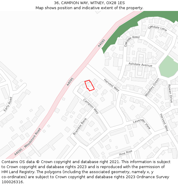 36, CAMPION WAY, WITNEY, OX28 1ES: Location map and indicative extent of plot