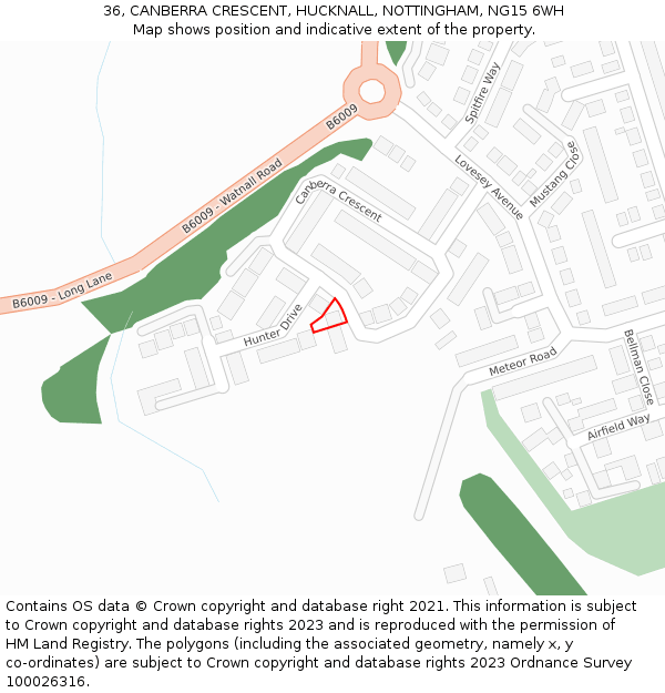36, CANBERRA CRESCENT, HUCKNALL, NOTTINGHAM, NG15 6WH: Location map and indicative extent of plot