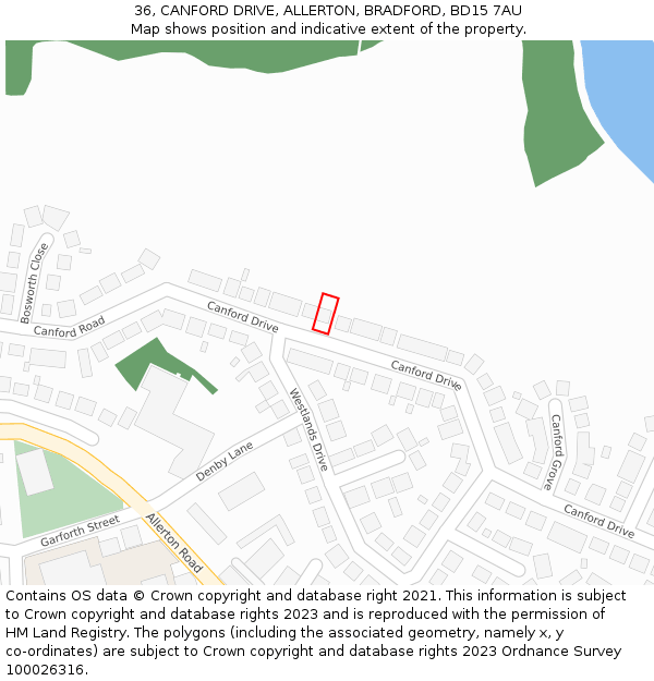 36, CANFORD DRIVE, ALLERTON, BRADFORD, BD15 7AU: Location map and indicative extent of plot