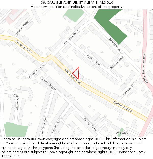 36, CARLISLE AVENUE, ST ALBANS, AL3 5LX: Location map and indicative extent of plot
