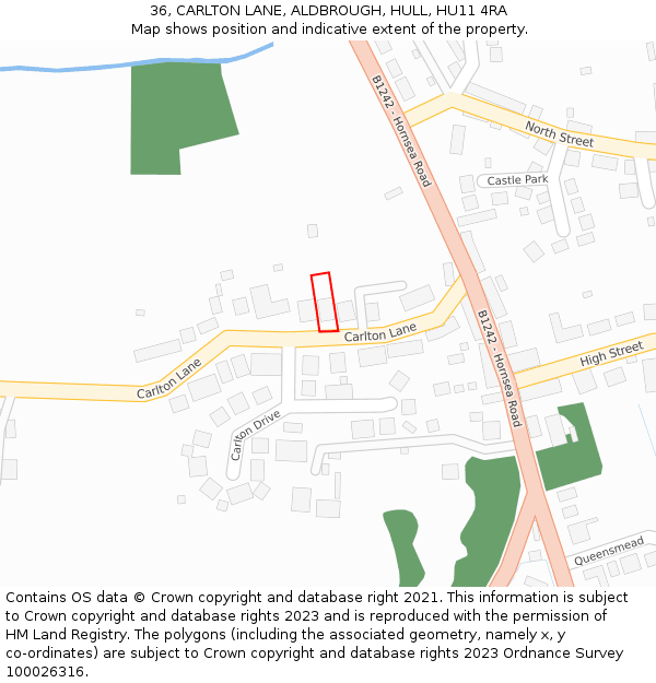 36, CARLTON LANE, ALDBROUGH, HULL, HU11 4RA: Location map and indicative extent of plot