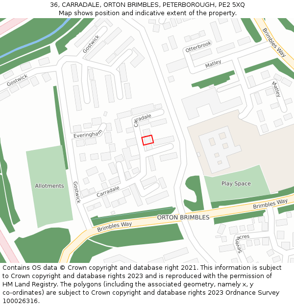 36, CARRADALE, ORTON BRIMBLES, PETERBOROUGH, PE2 5XQ: Location map and indicative extent of plot